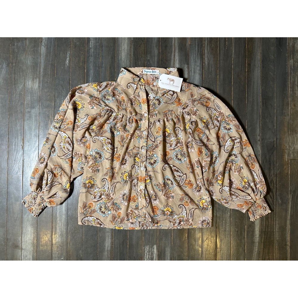 The Fringed Pineapple Paisley Blouse Tan Floral Balloon Sleeve NWT Small